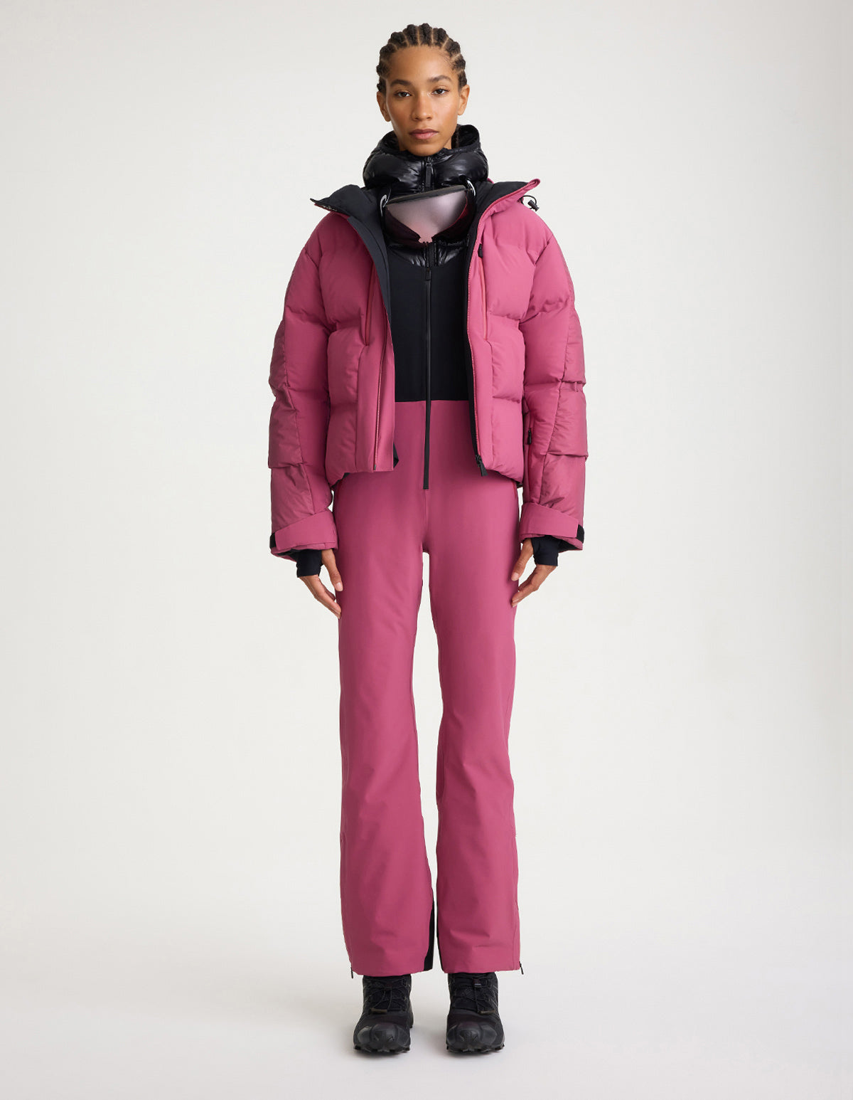Model wearing Super Nuke with Top To Bottom Bib #Color_Bougainvillea_Reflective @hover