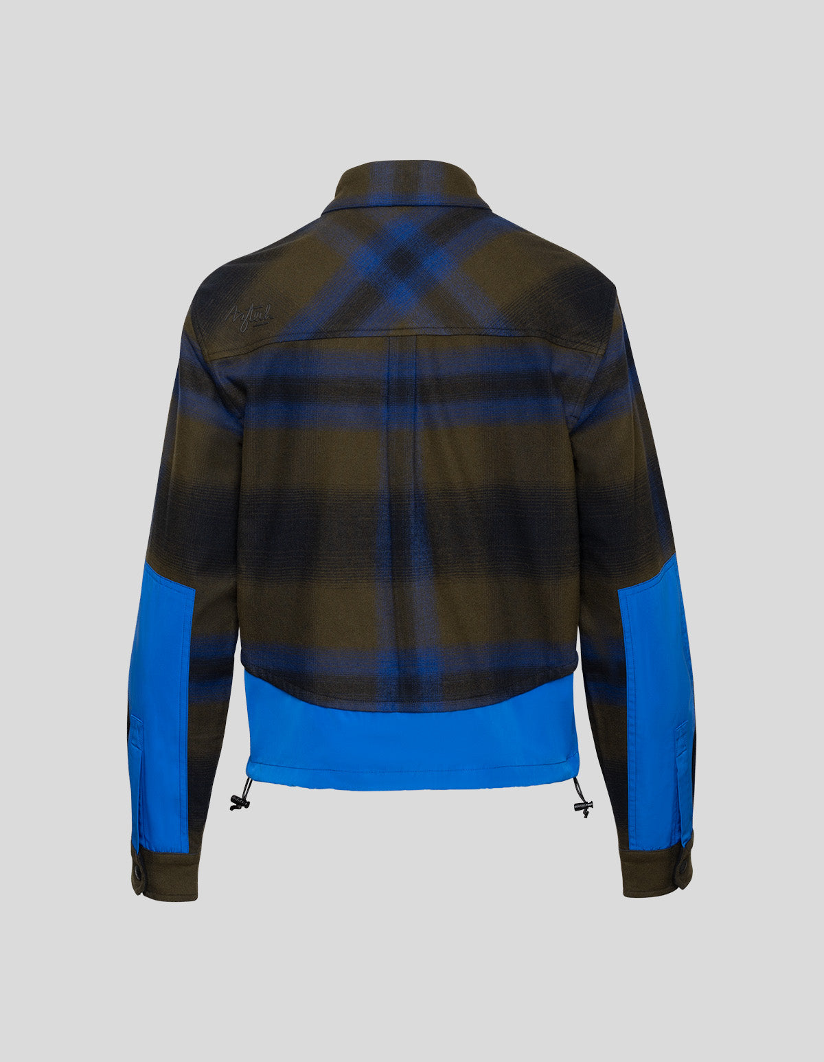 The back of the Lodge Peak shirt in Green Blue Multi. A Green/Blue large plaid with bright blue highlights.