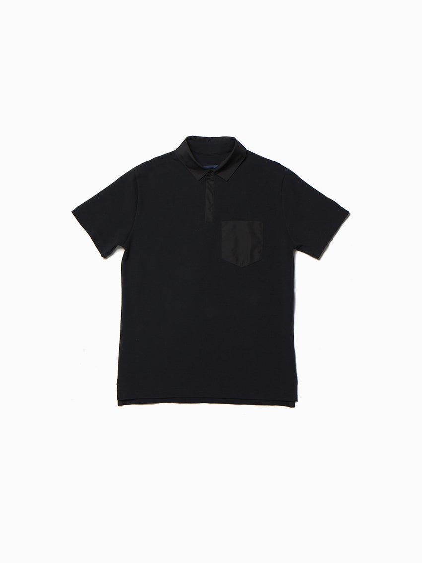 Black short-sleeve polo with classic collar and chest pocket.